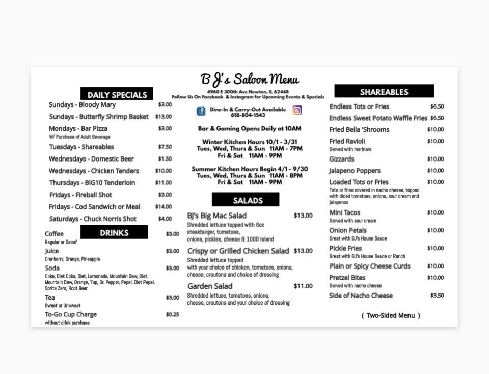 BJ's Saloon Menu image 1